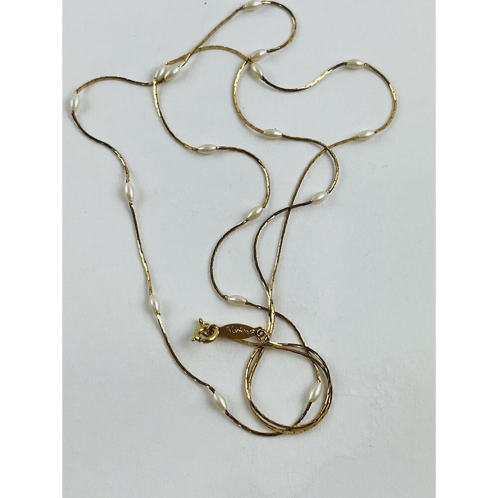 NAPIER Gold Tone Chain Faux Pearl Stations Layering Necklace Dainty Delicate Lon - Picture 4 of 16